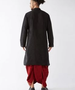 VASTRAMAY Men's Black And Maroon Silk Blend Kurta And Dhoti Set