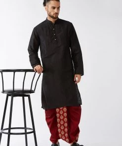 VASTRAMAY Men's Black And Maroon Silk Blend Kurta And Dhoti Set