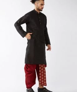 VASTRAMAY Men's Black And Maroon Silk Blend Kurta And Dhoti Set