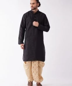 VASTRAMAY Men's Black And Gold Silk Blend Kurta And Dhoti Set