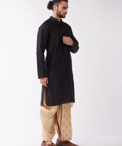 VASTRAMAY Men's Black And Gold Silk Blend Kurta And Dhoti Set