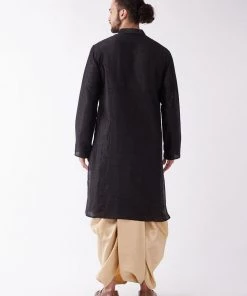 VASTRAMAY Men's Black And Gold Silk Blend Kurta And Dhoti Set