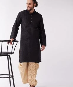 VASTRAMAY Men's Black And Gold Silk Blend Kurta And Dhoti Set