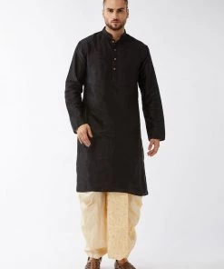 VASTRAMAY Men's Black And Gold Silk Blend Kurta And Dhoti Set