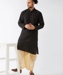 VASTRAMAY Men's Black And Gold Silk Blend Kurta And Dhoti Set
