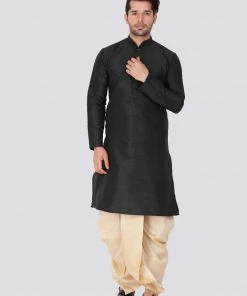 Vastramay Men's Black Cotton Silk Blend Kurta And Dhoti Pant Set