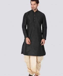 Vastramay Men's Black Cotton Silk Blend Kurta And Dhoti Pant Set