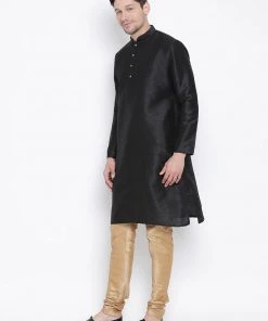 VASTRAMAY Men's Black Cotton Silk Blend Kurta And Pyjama Set