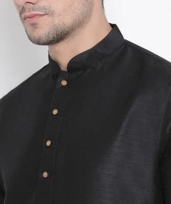 VASTRAMAY Men's Black Cotton Silk Blend Kurta And Pyjama Set