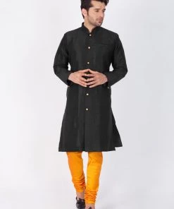 VASTRAMAY Men's Black Silk Blend Sherwani Set