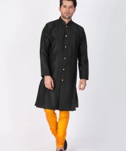 VASTRAMAY Men's Black Silk Blend Sherwani Set