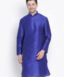 VASTRAMAY Men's Blue Cotton Silk Blend Kurta