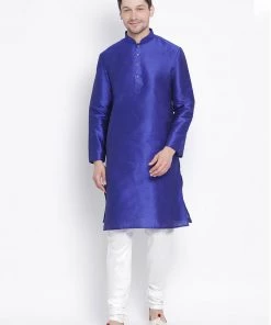 VASTRAMAY Men's Blue Cotton Silk Blend Kurta