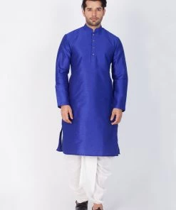 VASTRAMAY Men's Blue Cotton Silk Blend Kurta And Dhoti Pant Set