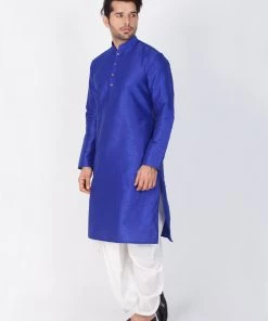VASTRAMAY Men's Blue Cotton Silk Blend Kurta And Dhoti Pant Set