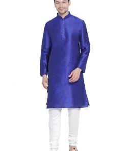 VASTRAMAY Men's Blue Cotton Silk Blend Kurta And Pyjama Set