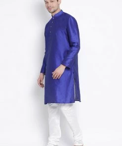 VASTRAMAY Men's Blue Cotton Silk Blend Kurta And Pyjama Set