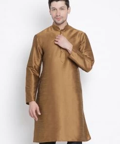 VASTRAMAY Men's Brown Cotton Silk Blend Kurta