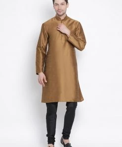 VASTRAMAY Men's Brown Cotton Silk Blend Kurta