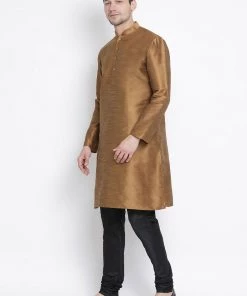 VASTRAMAY Men's Brown Cotton Silk Blend Kurta And Pyjama Set