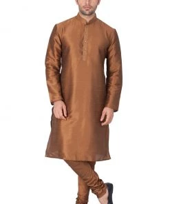 VASTRAMAY Men's Brown Cotton Silk Blend Kurta And Pyjama Set