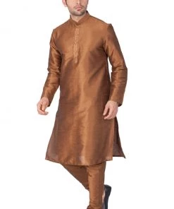 VASTRAMAY Men's Brown Cotton Silk Blend Kurta And Pyjama Set