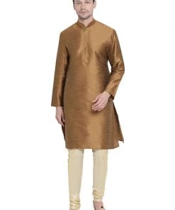Vastramay Men's Brown Cotton Silk Blend Kurta And Pyjama Set