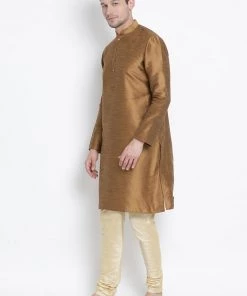 Vastramay Men's Brown Cotton Silk Blend Kurta And Pyjama Set