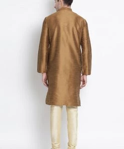 Vastramay Men's Brown Cotton Silk Blend Kurta And Pyjama Set