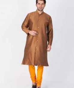 Vastramay Men's Brown Cotton Silk Blend Sherwani Set