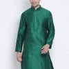 VASTRAMAY Men's Green Cotton Silk Blend Kurta