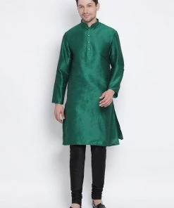 VASTRAMAY Men's Green Cotton Silk Blend Kurta And Pyjama Set