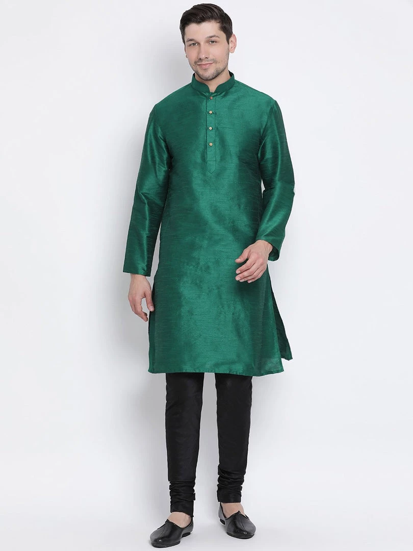VASTRAMAY Men's Green Cotton Silk Blend Kurta And Pyjama Set 3 VASTRAMAY Men's Green Cotton Silk Blend Kurta And Pyjama Set