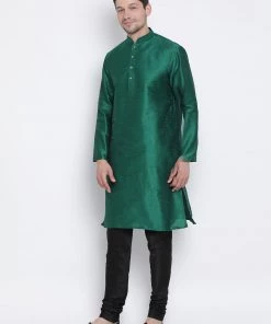 VASTRAMAY Men's Green Cotton Silk Blend Kurta And Pyjama Set