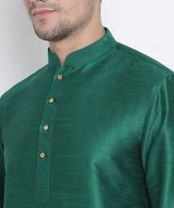 VASTRAMAY Men's Green Cotton Silk Blend Kurta And Pyjama Set 10 VASTRAMAY Men's Green Cotton Silk Blend Kurta And Pyjama Set