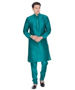 Vastramay Men's Green Cotton Silk Blend Kurta And Pyjama Set