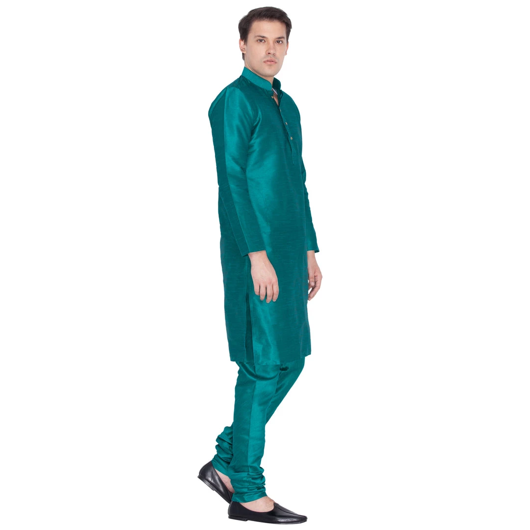 Vastramay Men's Green Cotton Silk Blend Kurta And Pyjama Set 4 Vastramay Men's Green Cotton Silk Blend Kurta And Pyjama Set