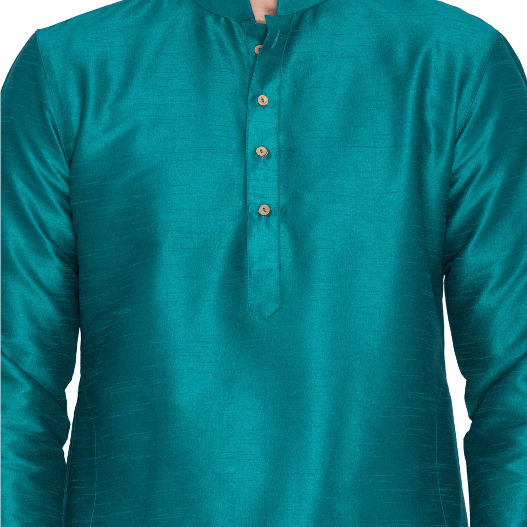 Vastramay Men's Green Cotton Silk Blend Kurta And Pyjama Set 5 Vastramay Men's Green Cotton Silk Blend Kurta And Pyjama Set
