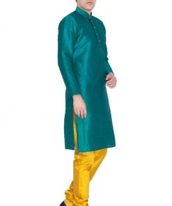 VASTRAMAY Men's Green Cotton Silk Blend Kurta And Pyjama Set