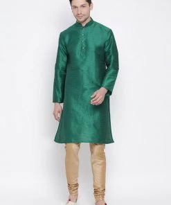 VASTRAMAY Men's Green Cotton Silk Blend Kurta And Pyjama Set