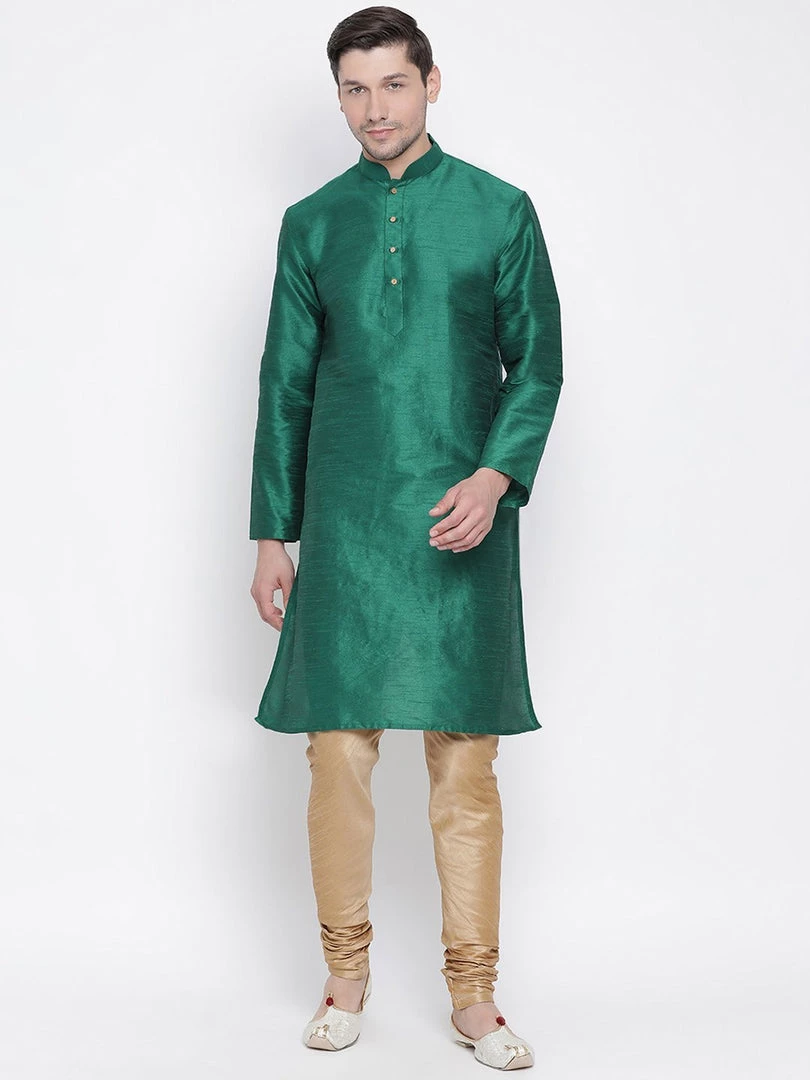 VASTRAMAY Men's Green Cotton Silk Blend Kurta And Pyjama Set 3 VASTRAMAY Men's Green Cotton Silk Blend Kurta And Pyjama Set