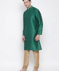 VASTRAMAY Men's Green Cotton Silk Blend Kurta And Pyjama Set