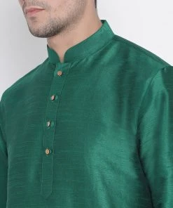 VASTRAMAY Men's Green Cotton Silk Blend Kurta And Pyjama Set 10 VASTRAMAY Men's Green Cotton Silk Blend Kurta And Pyjama Set