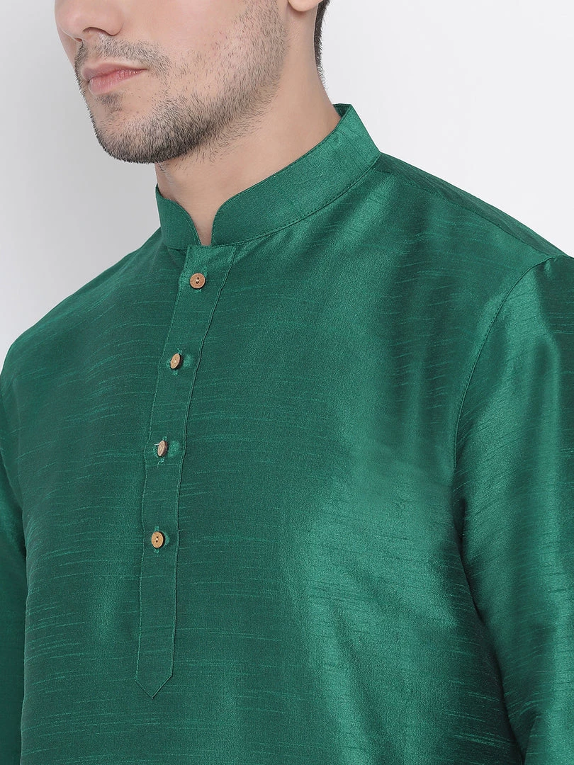 VASTRAMAY Men's Green Cotton Silk Blend Kurta And Pyjama Set 5 VASTRAMAY Men's Green Cotton Silk Blend Kurta And Pyjama Set