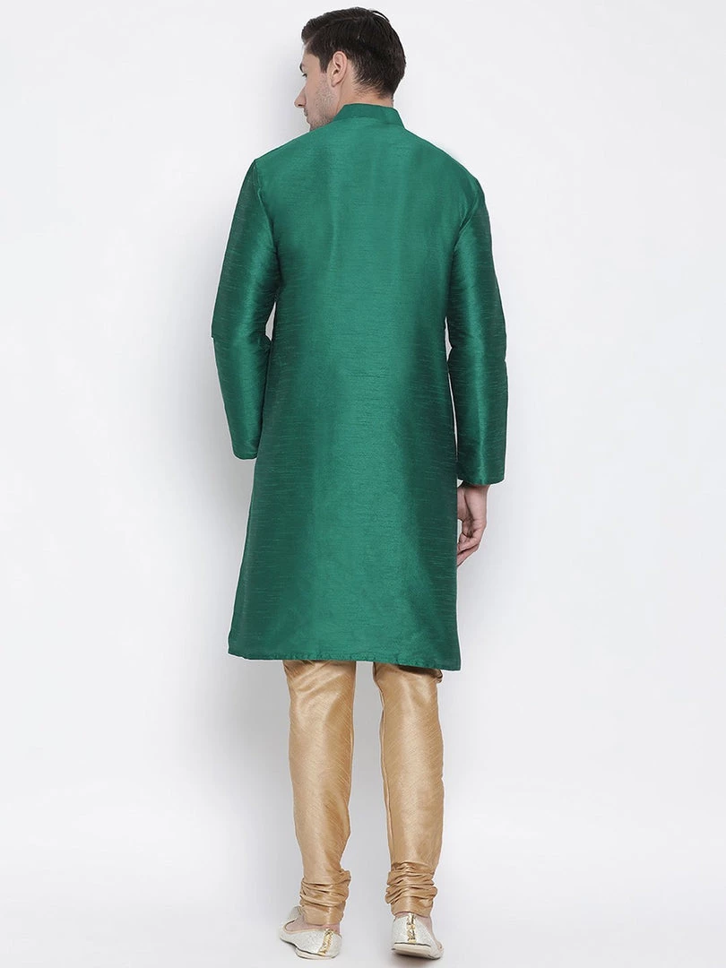 VASTRAMAY Men's Green Cotton Silk Blend Kurta And Pyjama Set 6 VASTRAMAY Men's Green Cotton Silk Blend Kurta And Pyjama Set