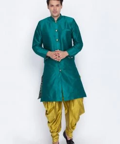 Vastramay Men's Green Silk Blend Sherwani Set