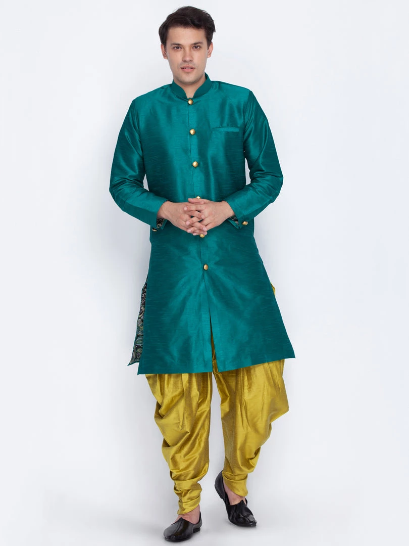 Vastramay Men's Green Silk Blend Sherwani Set 3 Vastramay Men's Green Silk Blend Sherwani Set
