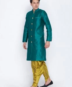 Vastramay Men's Green Silk Blend Sherwani Set
