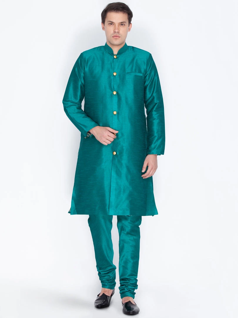 Vastramay Men's Green Silk Blend Sherwani Set 3 Vastramay Men's Green Silk Blend Sherwani Set