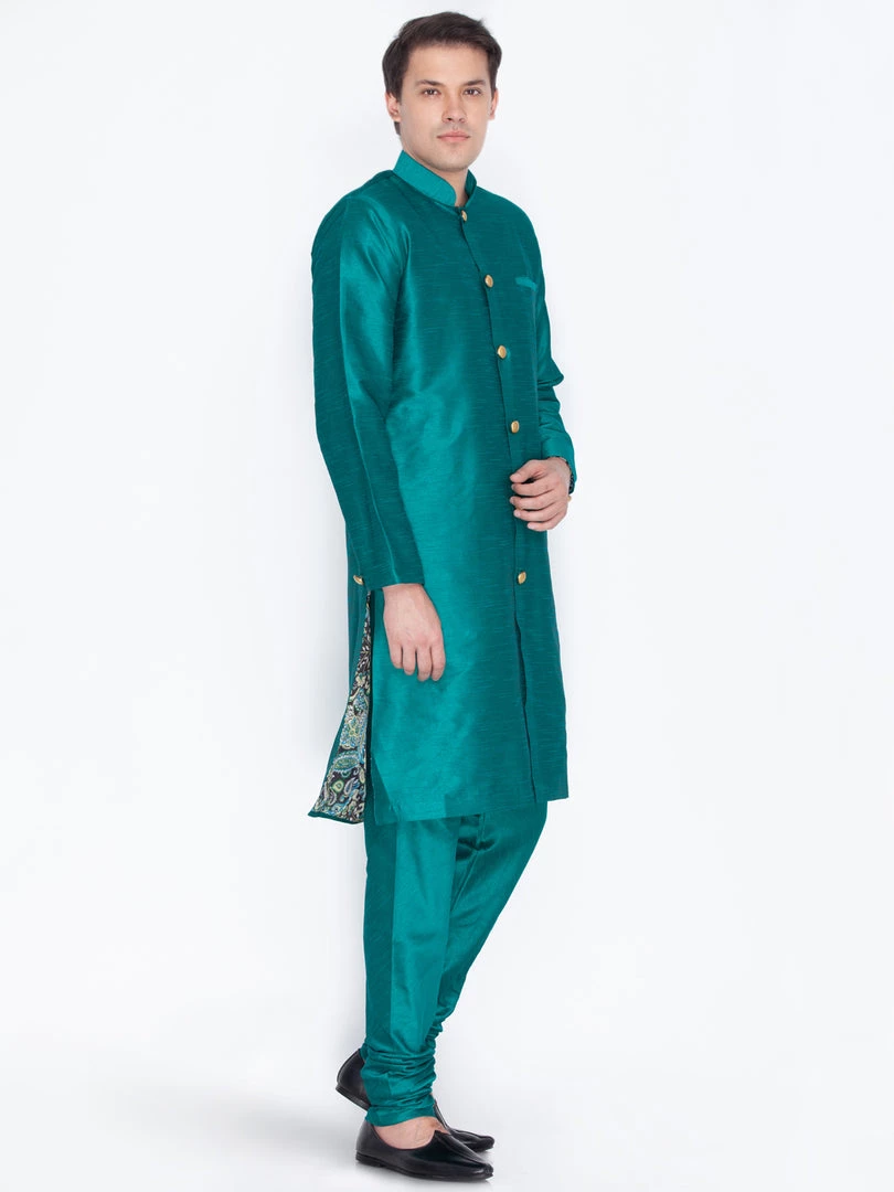Vastramay Men's Green Silk Blend Sherwani Set 4 Vastramay Men's Green Silk Blend Sherwani Set